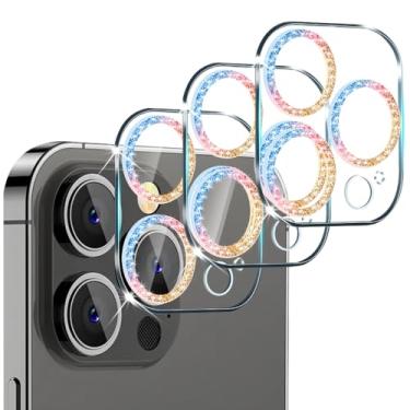 Imagem de OuYteu Pacote com 3 unidades (diamante colorido) protetor de lente de câmera de vidro para iPhone 15 Pro e iPhone 15 Pro Max, Ultra HD, antiarranhões, compatível com capas, fácil instalação,