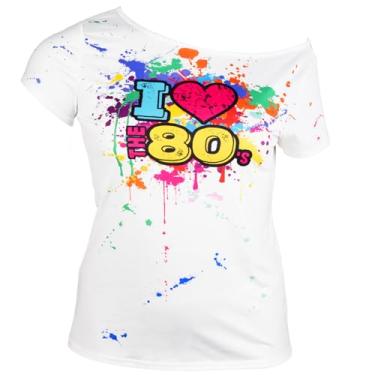 Imagem de Geyoga Roupas femininas dos anos 80 plus size I Love The 80's Costumes 80s ombro de fora camiseta tops roupas neon grandes, Branco, XGG