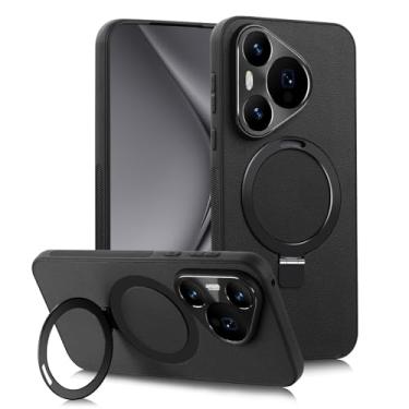 Imagem de POYUFRG Capa fina preta, 70 Pro, para Huawei Pura 70 Ultra/70 Pro/70 Pro+/70, proteção de lente de metal, suporte de anel magnético, capa de couro com suporte para carregamento sem fio