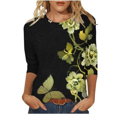 Imagem de Camiseta casual de manga 3/4 para mulheres, outono, verão, moderno, retrô, estampa de flores silvestres, pulôver, blusas, confortáveis e soltas, Z1 - Cinza escuro, 4G