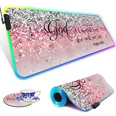 Imagem de Mouse pad para jogos RGB tapete de mouse grande tapete de mesa led mouse pad iluminado, teclado grande, óptico à prova d'água antiderrapante, ótimo para jogadores, Psalm 46:5 God is within her, she
