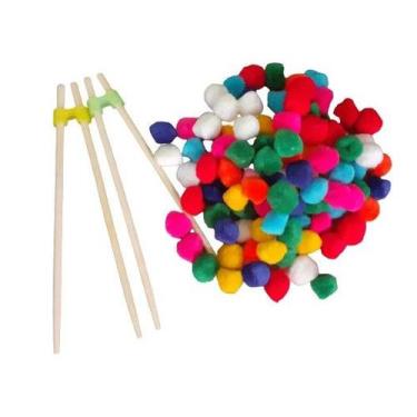 Imagem de 100 Pompons Coloridos com 2 Hashis de Madeira P/ Coordenação Motora Fi