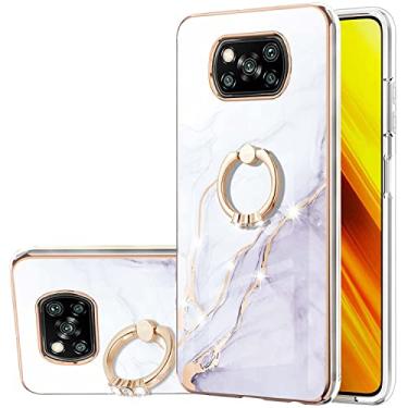 Imagem de Monwutong Capa de telefone para Xiaomi Poco X3 NFC, IMD mármore padrão brilhante anel suporte capa para meninas, lente de câmera e capa de proteção de tela para Xiaomi Poco X3 NFC, ZHDD branco