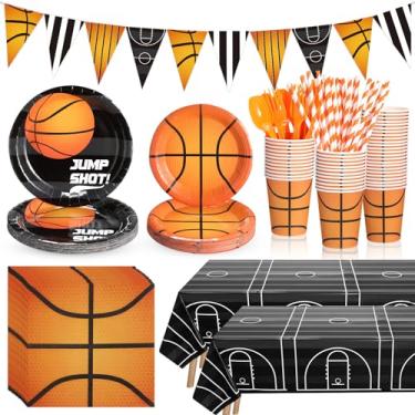 Imagem de FillTouch 195 Pcs Basketball Party Supplies 24 Guest Disposable Dinnerware with Basketball Tablecloth Paper Plates Cup Napkin Plastic Fork Knives Spoon and Banner for Basketball Birthday Decorations