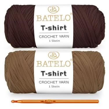 Imagem de BATELO Pacote com 2 fios de crochê para iniciantes em crochê/cesta/porta-copos, fio de camiseta 400 g/144 jardas de tecido de poliéster (leite, chá marrom + café)