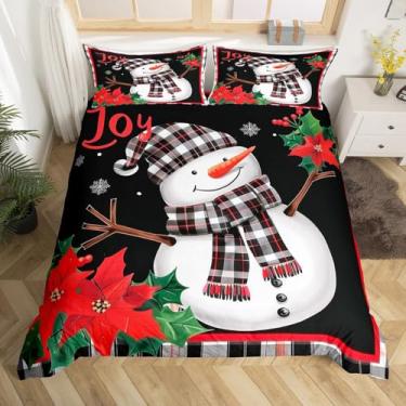 Imagem de Conjunto de capa de edredom de boneco de neve fofo, tamanho Queen, conjunto de cama de patchwork geométrico, decoração de quarto de meninos e meninas, capa de edredom rústica de Natal floco de neve