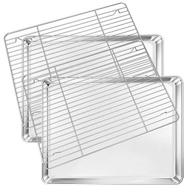 Imagem de Deedro Assadeira com conjunto de grelha [2 folhas + 2 racks], bandeja de cozimento de aço inoxidável para biscoitos, meia folha, bandeja de forno com suporte de resfriamento, 40,6 x 30,4 x 2,5 cm, resistente, não tóxico, fácil de limpar