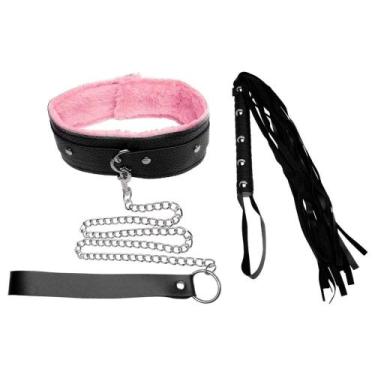 Imagem de Kit Coleira Guia Corrente Chicote Luxo Sexy Import, PRETO COM ROSA