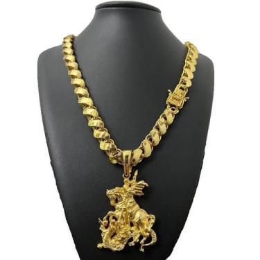 Imagem de Cordão Friso S 12mm Fecho São Jorge +Pingente Banhado a ouro - ToJoia1
