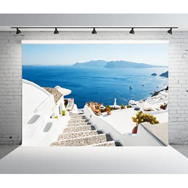 Imagem de BELECO Tecido de 2,7 x 1,8 m na Grécia, Santorini, Casas Brancas, Arquitetura, Escadas, Mar Egeu, Cruzeiro, Navio de Cruzeiro, Montanhas, Cenário de Cenário para Aniversário, Fotografia de Casamento