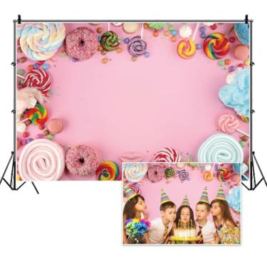 Imagem de Vie Savaran Pano de fundo Candyland de 1,5 x 0,9 m, pirulitos coloridos, arco-íris, doces, tema de desenho animado, paredes rosa, fundo fotográfico, feliz aniversário, mesa de bolo, chá de bebê,