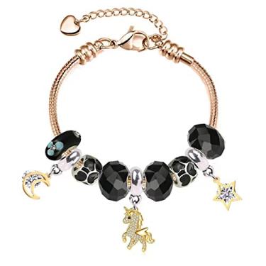 Imagem de Pulseira com pingente de coração para meninas em tom de ouro rosa com pingente de unicórnio estrela lua para Pandora ajustável 16 a 21 cm, 8.3 inches, Vidro