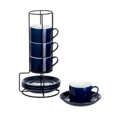 Imagem de Meichu Copos de café expresso empilháveis de porcelana de 118 ml com pires e suporte de metal, conjunto de 4 xícaras de cappuccino empilháveis, conjunto de copos Blue Expresso Shots para bebidas de