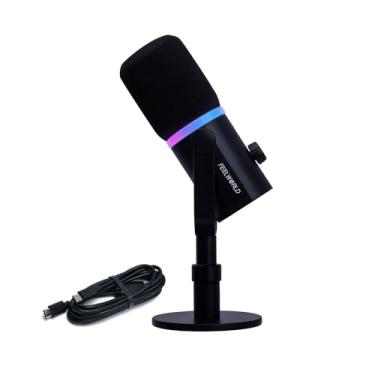 Imagem de FEELWORLD Microfone de gravação de vídeo XLR USB C saída dinâmica PM-1 microfone para transmissão ao vivo, microfone de metal de estúdio com luz RGB