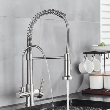 Imagem de Torneira de cozinha cromada com filtro rotativo, dispositivo de água pura, misturador de água quente e fria, torneira de cozinha com mola, instalação de deck, níquel escovado B