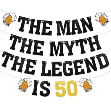 Imagem de Banner The Man The Myth The Legend is 50 - Cheers & Beers to 50 Years Birthday Decorations, 50 Years Loved & Blessed Decorations, Legend Since 1974 Decor, Happy 50th Birthday Party Decorações Black