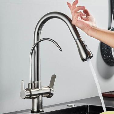 Imagem de Filtro de sensor de toque Torneira de cozinha de água 2 em 1 Preto Coloque para fora Torneiras de pia de modos duplos para cozinha Torneira misturadora de água pura, níquel escovado