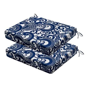 Imagem de HOMELYSIAN Conjunto de 2 almofadas de cadeira de jardim resistentes à água, 45 x 40 x 7 cm, almofadas de alta sustentação para móveis de pátio com laços antiderrapantes (carpa azul)