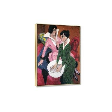 Imagem de JZSDGB Moldura dourada - reprodução de pinturas a óleo clássicas de impressão de pintura famosa em tela - duas mulheres com pôster de pia - imagens de arte de parede em tela abstrata para sala de
