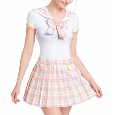 Imagem de Landofgenie Macaquinho feminino de algodão, conjunto de saia xadrez, pijama de marinheiro mágico, saia plus size, cosplay, Laranja, Small