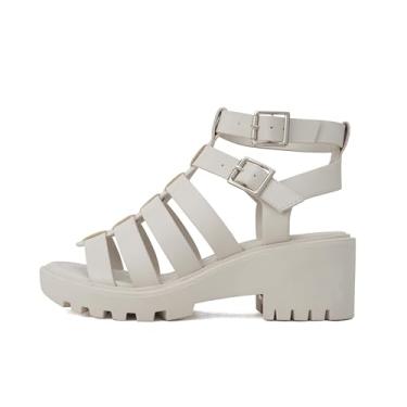 Imagem de Soda "Rebirth" ~ Sandália feminina de salto baixo com fivela de velcro com tiras múltiplas e tiras de pescador, Bone PU, 5.5