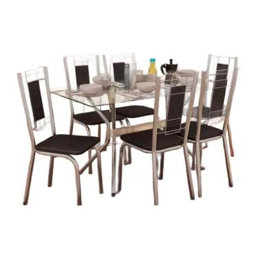 Imagem de Sala De Jantar Loire Com Tampo De Vidro 80x140cm E 6 Cadeiras Florença Cromada Preto