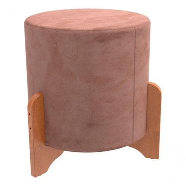 Imagem de Puff Redondo Rosé Em Linho Pé De Madeira Luxo Thor Decoração Rosa