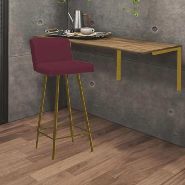 Imagem de Kit Mesa Suspensa de Parede Fixa mdf Rústico + 1 Banqueta Lexi Ferro Dourado Suede Bord...