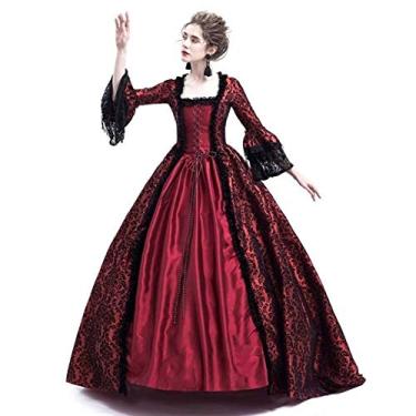 Imagem de HFU Vestido de baile feminino renascentista medieval de renda sobre vestidos longos festa gótica rainha baile de máscaras, vestido de casamento medieval, grande, vermelho