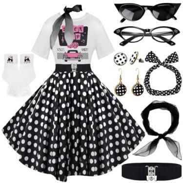 Imagem de 10 peças de roupas femininas, saias poodle dos anos 50, camiseta com acessórios dos anos 50, meias, cachecol, faixa de cabeça, brinco de cinto, Sockhop-dot, XX-Large