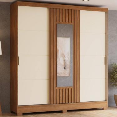 Imagem de Guarda Roupa 3 Portas Deslizantes com Aplique Ripado 2 Gavetas e Pés em Abs Espresso Móveis Marrom/Off White