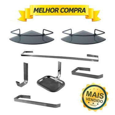 Imagem de Kit Acessórios Para Banheiro Quadrado Aço Inox 5 Peças + 2 Porta Shamp