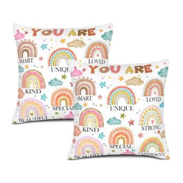 Imagem de Lnepty Capas de almofada boho arco-íris, palavras positivas motivacionais coloridas, nuvens de estrelas, meninos, meninas, quarto de bebê, sala de aula, canto de leitura, arco-íris, 40,6 cm x 40,6 cm