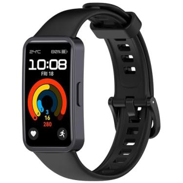 Imagem de LOKEKE Pulseira de substituição compatível com Huawei Band 10 – Pulseira de silicone de substituição compatível com Huawei Band 10/9/8 NFC, pinos de metal (silicone preto)