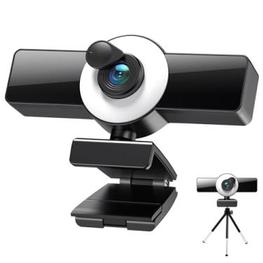 Imagem de Webcam GKI 2K com anel de luz para transmissão, 2 microfones com cancelamento de ruído, câmera Web com capa de privacidade e tripé, foco automático de 120°, funciona com zoom/equipes/Skype para
