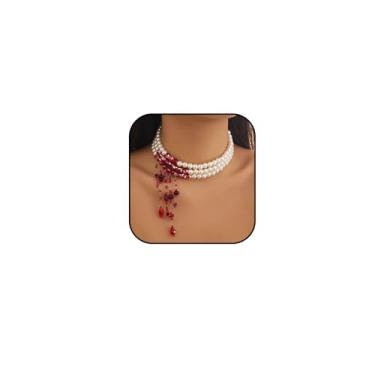 Imagem de Colar feminino de pérolas de sangue pingando no dia das bruxas, gargantilha de pérolas de sangue em camadas ajustáveis, colares góticos de vampiro, punk e bijuteria de fantasia de Halloween, Large