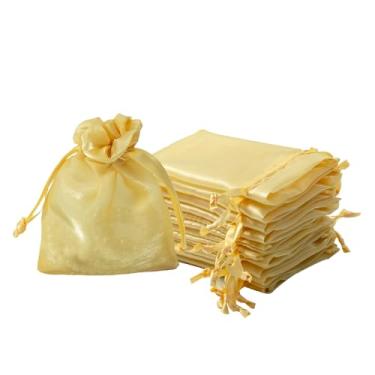 Imagem de QIANF 20 bolsas de organza douradas pequenas de 7,5 x 10 cm para lembrancinhas de casamento com cordão, mini sacos de presente de malha, bolsa de joias para chá de panela de doces, lembrancinha de