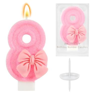 Imagem de AKURIEEY Número de laço de vela rosa de 8 anos, 8 velas, enfeite de bolo, decorações de cupcake, decoração de festa para meninas e mulheres, artigos para comemorações de aniversário