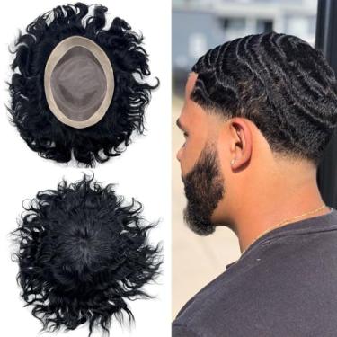 Imagem de Curve Hair Peruca De Cabelo Cacheado E Crespo Para Homens Negros, Perucas Afro, Cachos Crespos, Masculinas Onduladas, Sistemas Substituição Humana (#1 Jet Black - Onda 20 Mm, 8'' X 10'')