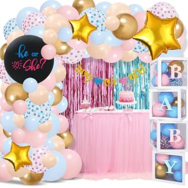 Imagem de PopularLdo Kit De Decoração Para Revelação Do Sexo Bebê, Arco Balões Rosa E Azul, Caixas Bebê Com Letras, Topo Bolo, Faixa, Cenário Franjas, Artigos Festa Menino Ou Menina