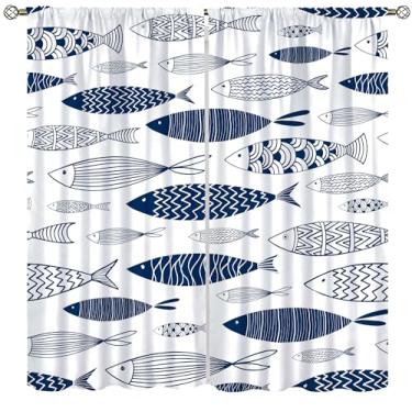 Imagem de Cortinas abstratas náuticas de peixe com bolso de haste, figura geométrica, tratamentos de janela para cozinha, sala de estar, vintage, aquarela, azul, desenho animado de peixe, cortinas de janela, 2