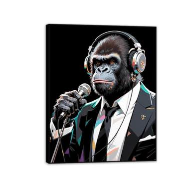 Imagem de Impressão abstrata de DJ de macaco de pato e pôster arte de fazenda preto branco pintura em tela imagem de animais para decoração de sala de estar 50 x 40 cm (20 x 16 pol) emoldurada