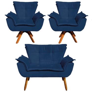 Imagem de Kit 01 Namoradeira E 02 Poltronas Opala Suede Azul Marinho