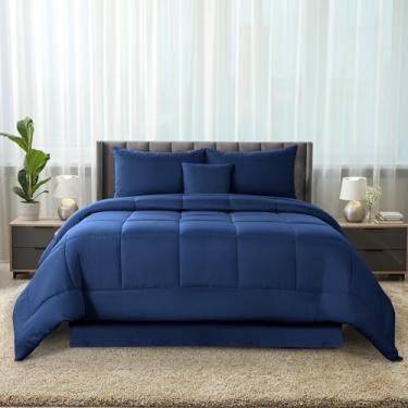 Imagem de Conjunto de edredom King luxuoso de 5 peças, cama multifuncional em uma bolsa, inclui 1 edredom, 2 fronhas, 1 travesseiro decorativo e 1 saia de cama (azul marinho, King)