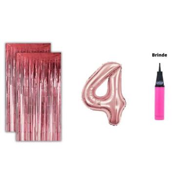 Imagem de Kit 2 Cortinas Metalizadas e Balão Número Bomba de Ar- Rose - Partiufe