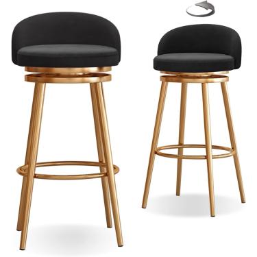 Imagem de Conjunto De 2 Bancos De Bar De Cozinha Cadeiras De Bar Giratórias De 360° Com Assento Estofado Macio, Pernas De Metal Carrega Até 200kg, 65cm, Black, Black
