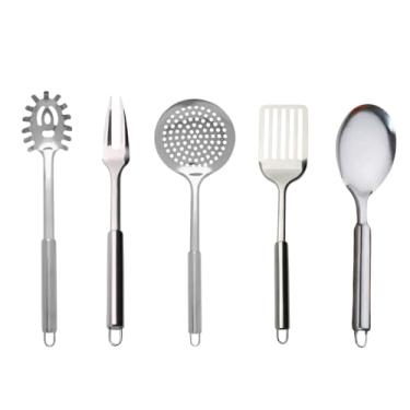 Imagem de Kit Utensílios Domésticos 5 Peças Colheres de Inox Premium Concha Escumadeira Espátula Garfo Trinchante Pegador Massas Moderno Alta Durabilidade Brilho Intenso