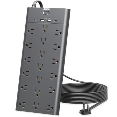 Imagem de Maxpw - Faixa de alimentação com protetor de picos de tensão, cabo de extensão com 19 tomadas e 4 portas USB, tomada plana de 6,5 pés, extensor de tomada de corrente resistente, 2100