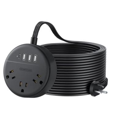 Imagem de Cabo de extensão 7,6 m, NTONPOWER tomada plana com USB, 3 tomadas, 2 USB, estação de carregamento de mesa, faixa de alimentação para montagem na parede para escritório em casa, preto