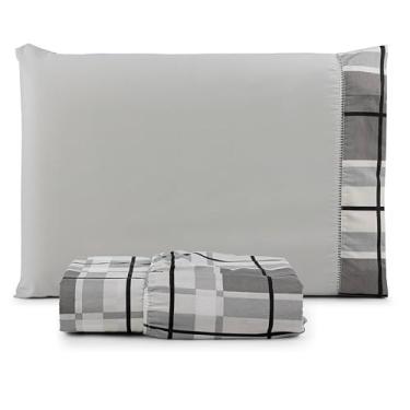 Imagem de Roupa de Cama Jogo Kit Solteiro 2 Peças - Lençol Percal 180 Fios Algodão com Elástico Reforçado em Toda a Volta. (XADREZ CINZA)